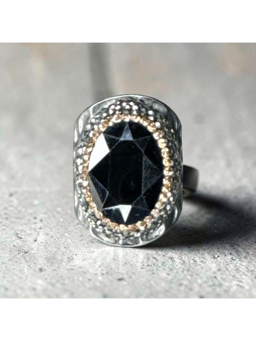 Vintage Style Black Faceted Statement Ring, Textured Metal Band, Rhinestone Halo